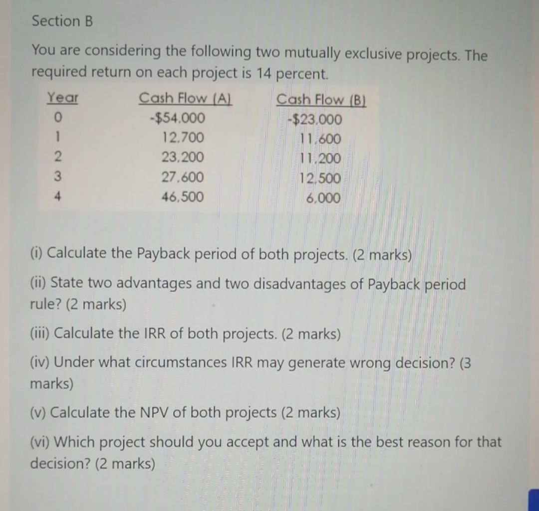  Section B You are considering the following two mutually exclusive projects.