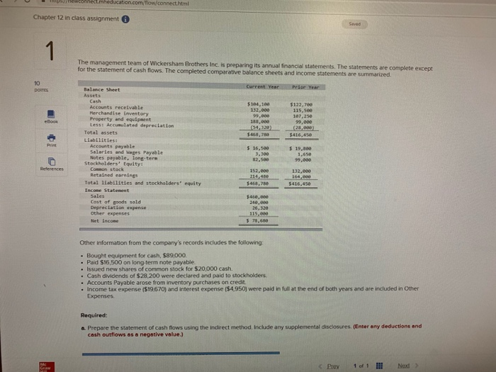  Tlow/connect .html Chapter 12 in class assignment Inc. is preparing its