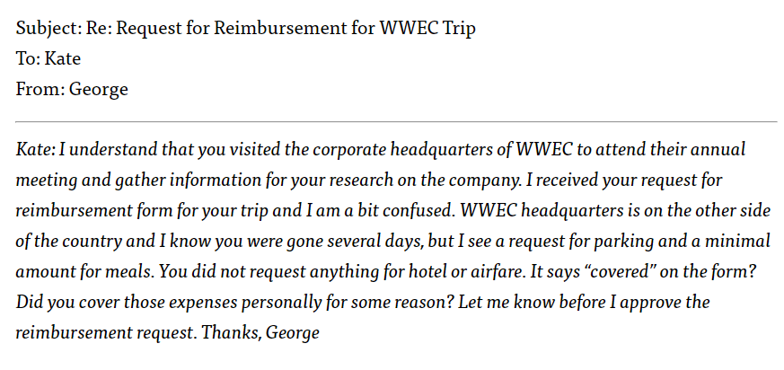 business trip and there is an email exchange between them about Kate's