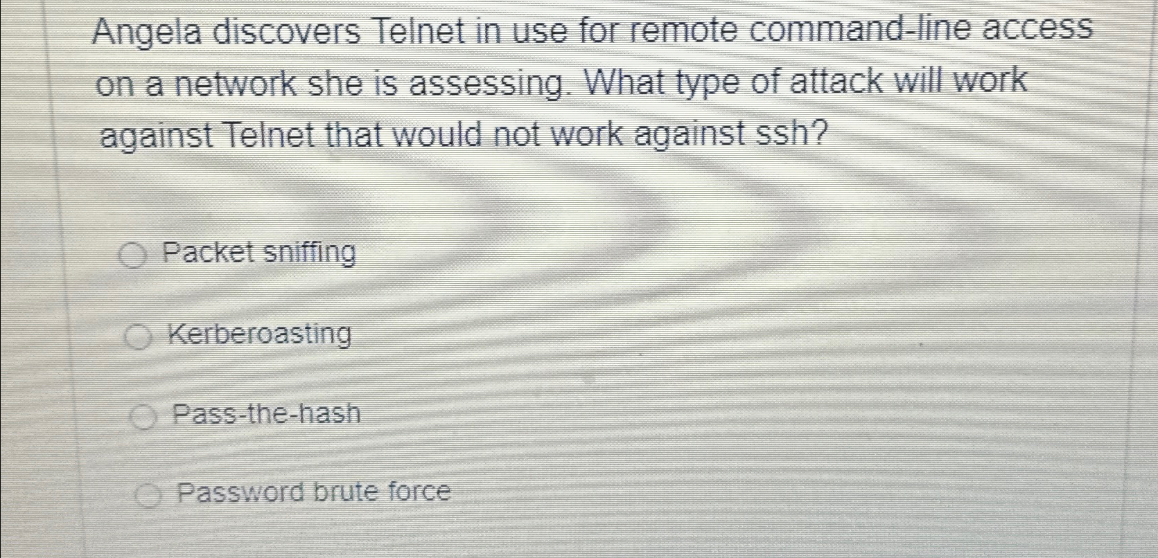  Angela discovers Telnet in use for remote command-line access on a