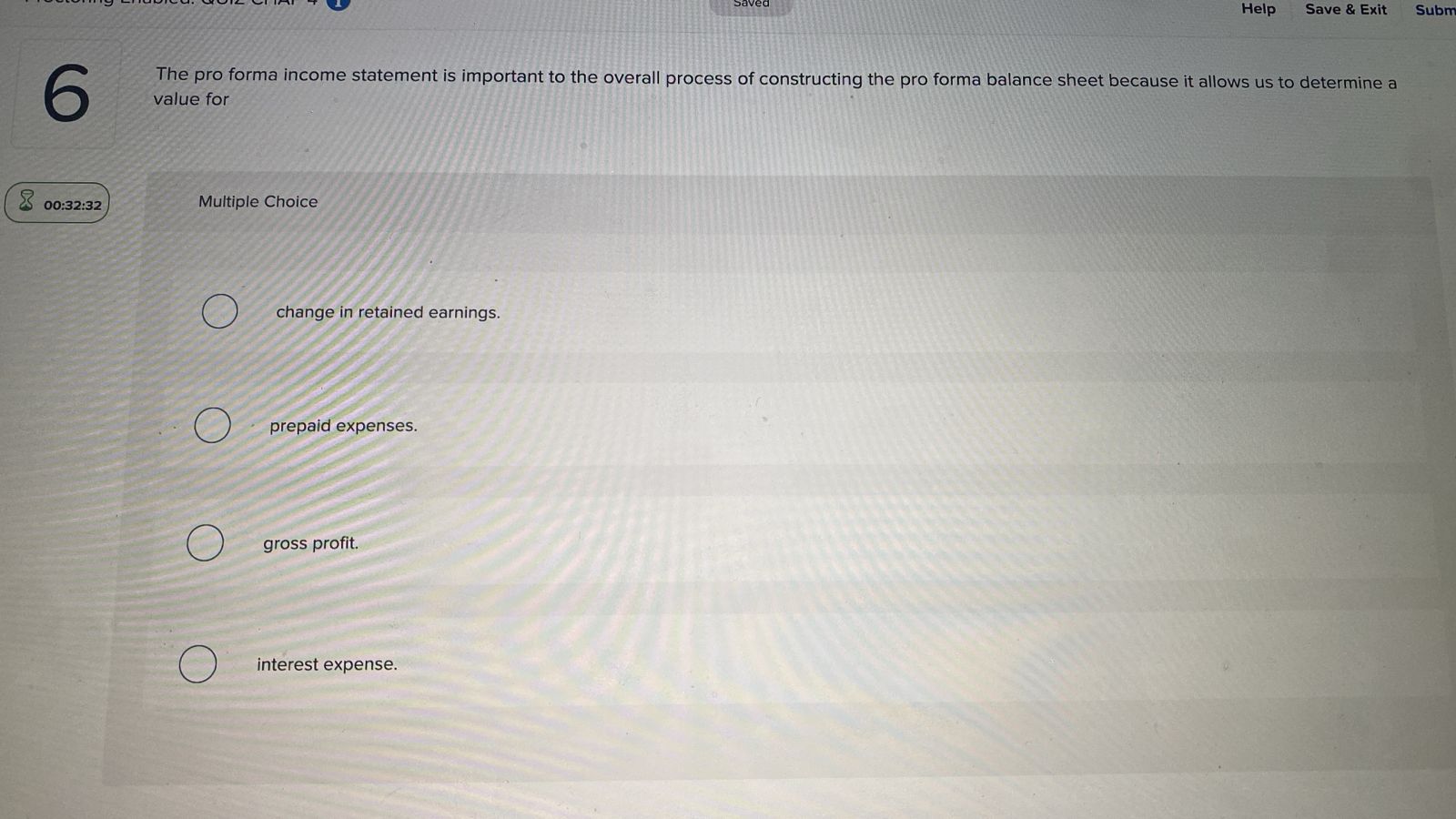  Help Save & Exit Subm 5 The pro forma income statement