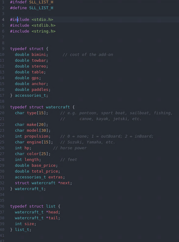 linked-list of watercraft. This will be based on structures - one for