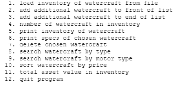 provided header file. DIRECTIONS: FUNCTION PROTOTYPES: STARTER CODE: sll_list.h STARTER CODE: watercraft.txt