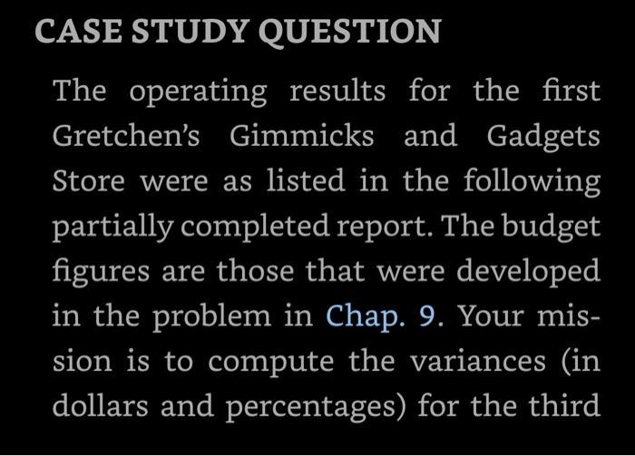  CASE STUDY QUESTION The operating results for the first Gretchen's Gimmicks