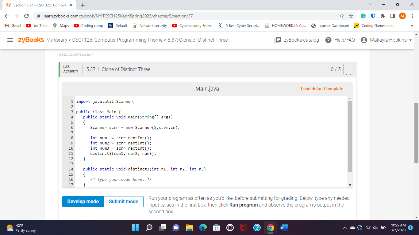 positive integers 0-9 each. Write a method distinct3 that takes three positive