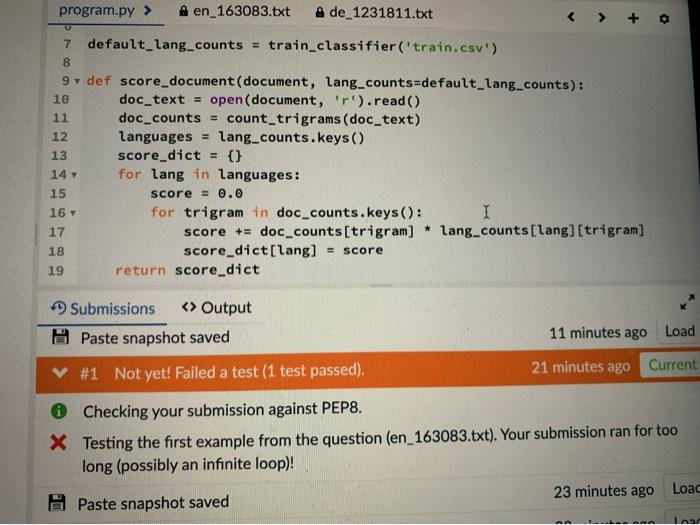 It should return a dictionary of scores for each language in lang_counts,