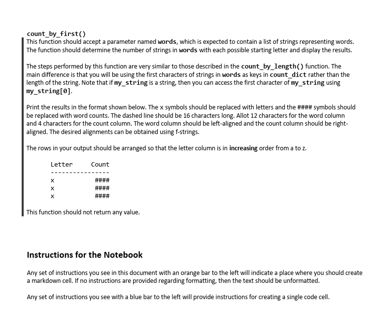  count_by_first() This function should accept a parameter named words, which is
