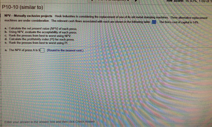  NPV - Mutually exclusive projects. Hook industry is considering the replacement