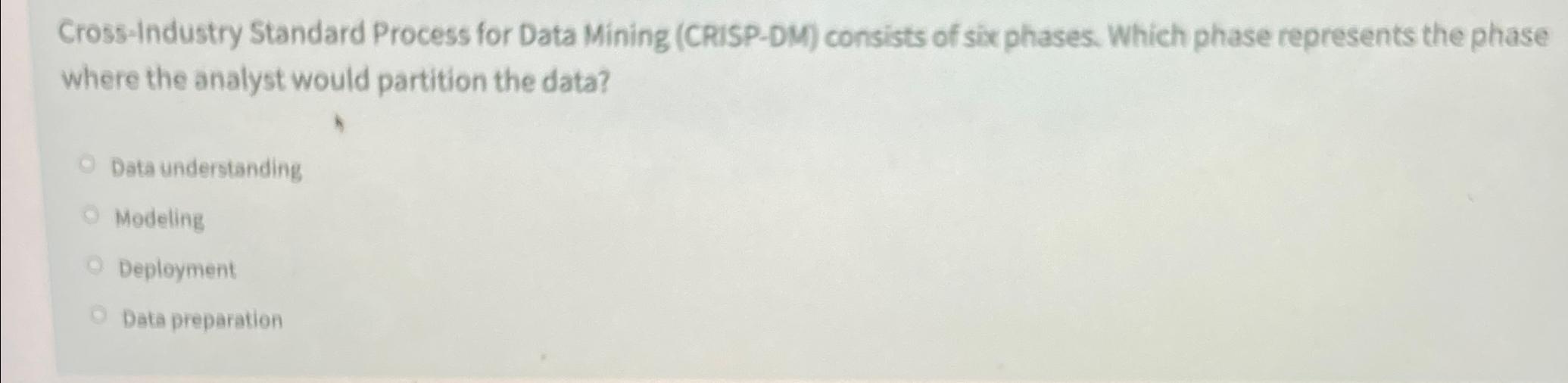  Cross-Industry Standard Process for Data Mining (CRISP-DM) consists of six phases.