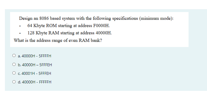 Design an 8086 based system with the following specifications (minimum mode):