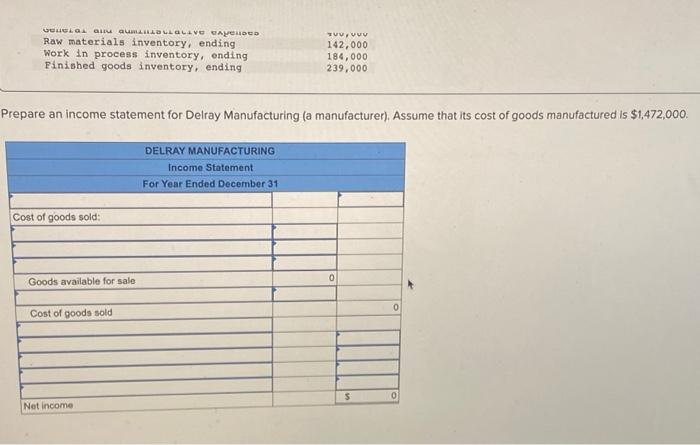 on the lefthand side!! pare an income statement for Delray Manufacturing (a