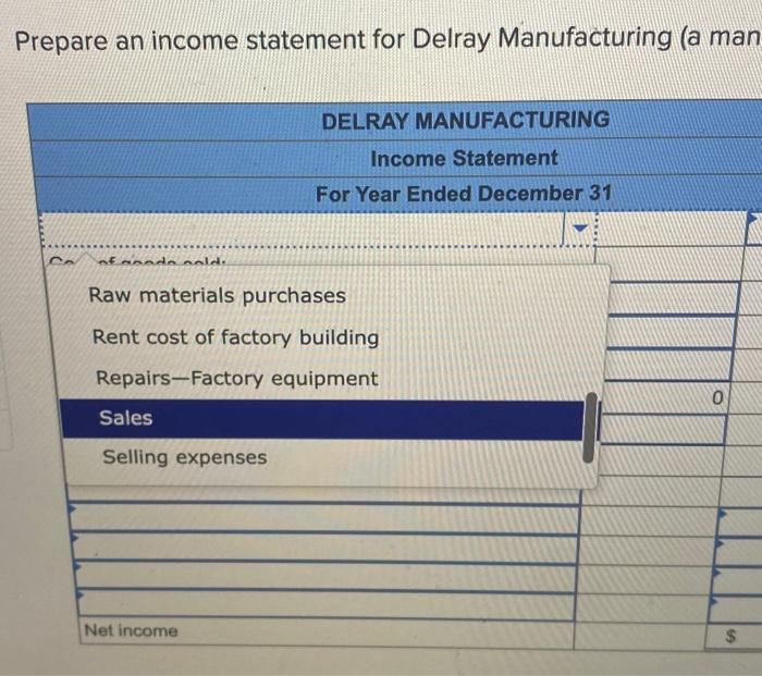 selected account balances of Delray Manufacturing for the year ended December 31.