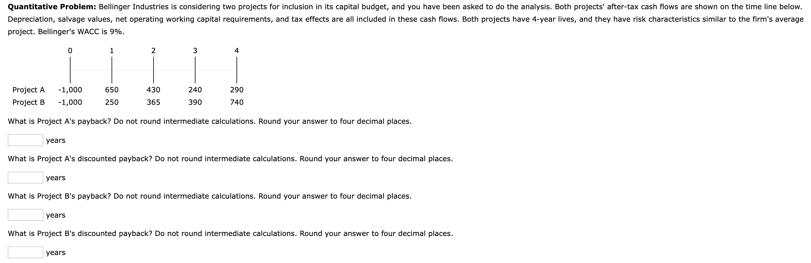  Bellinger Industries is considering two projects for inclusion in its capital