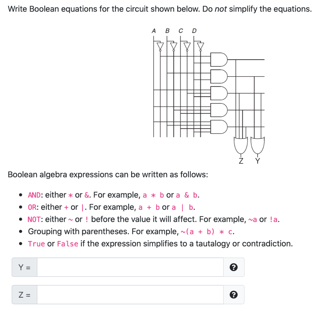 Write Boolean equations for the circuit shown below. Do not simplify