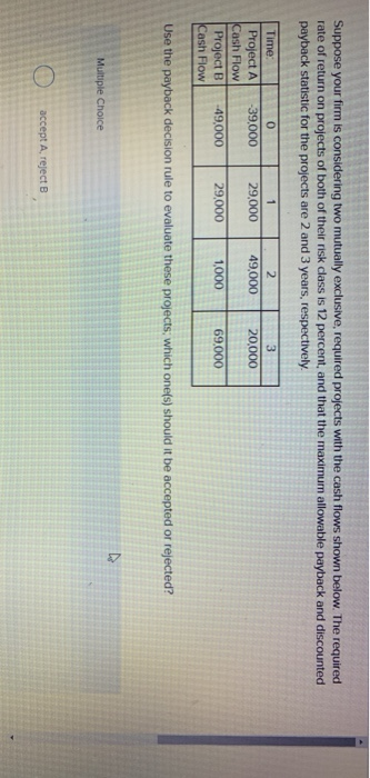  Suppose your firm is considering two mutually exclusive, required projects with