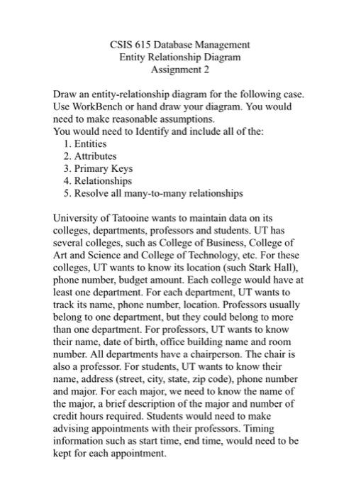  CSIS 615 Database Management Entity Relationship Diagram Assignment 2 Draw an