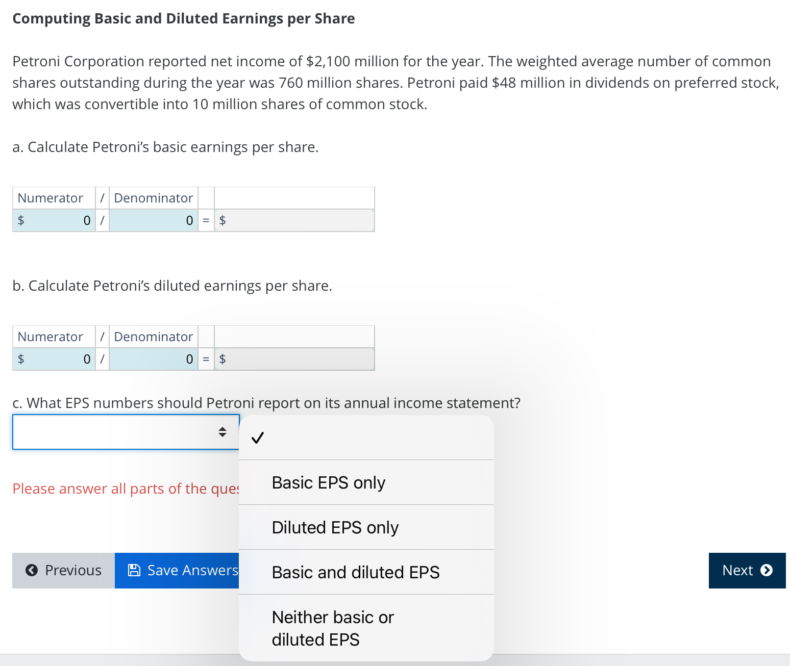  Computing Basic and Diluted Earnings per Share Petroni Corporation reported net