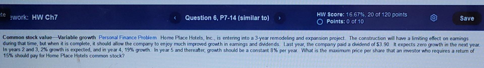 Common stock value - Variable growth Personal Finance Problem Home Place