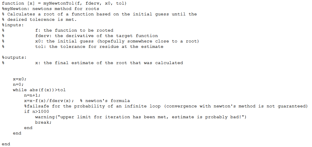 function [x] = myNewtontol(f, fderv, x0, tol) $myNewton: newtons method for