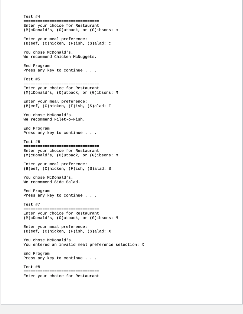 the table shown below: Restaurant Preference Meal (M)cDonald's (Beef (C)hicken (Fish (S)alad
