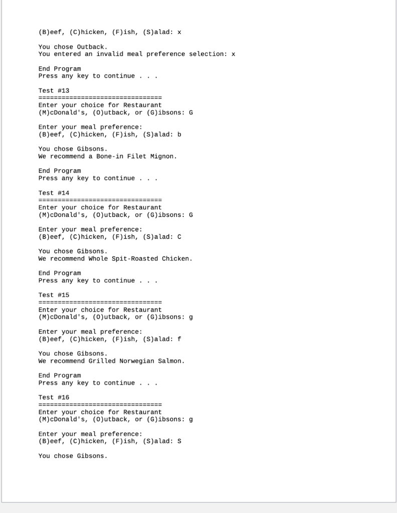 Ribeye Alice Springs Chicken Grilled Tilapia Aussie Cobb Salad (G)ibsons (B)eef (C)hicken