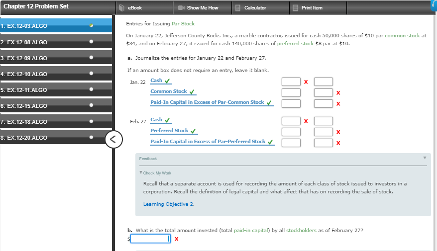  Chapter 12 Problem Set eBook Show Me HowCalculator Print Item Entries
