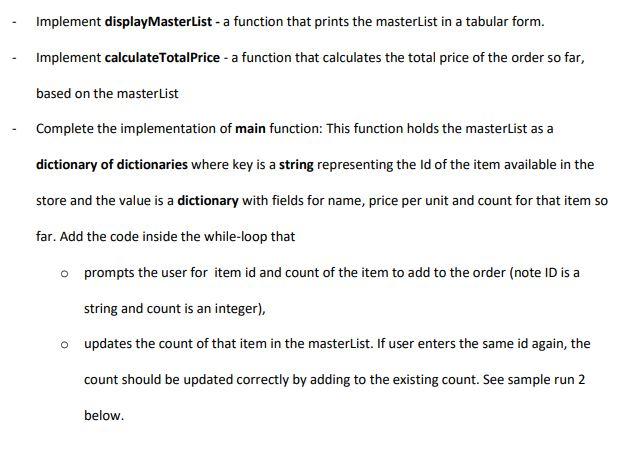 PYTHON GROCERY LIST: Prompt: Implement displayMasterList - a function that prints the