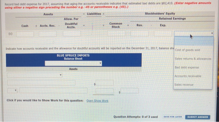 Blue Spruce Imports reported this information on its balance sheet. Accounts receivable