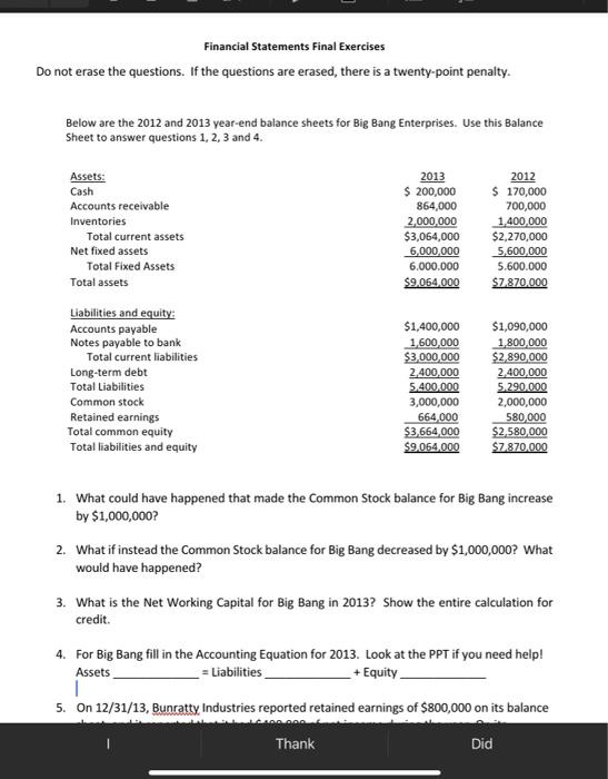  please answer 1-4 Financial Statements Final Exercises Do not erase the