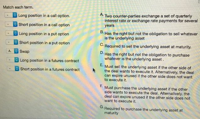 Match each term. A. Long position in a call option. Short