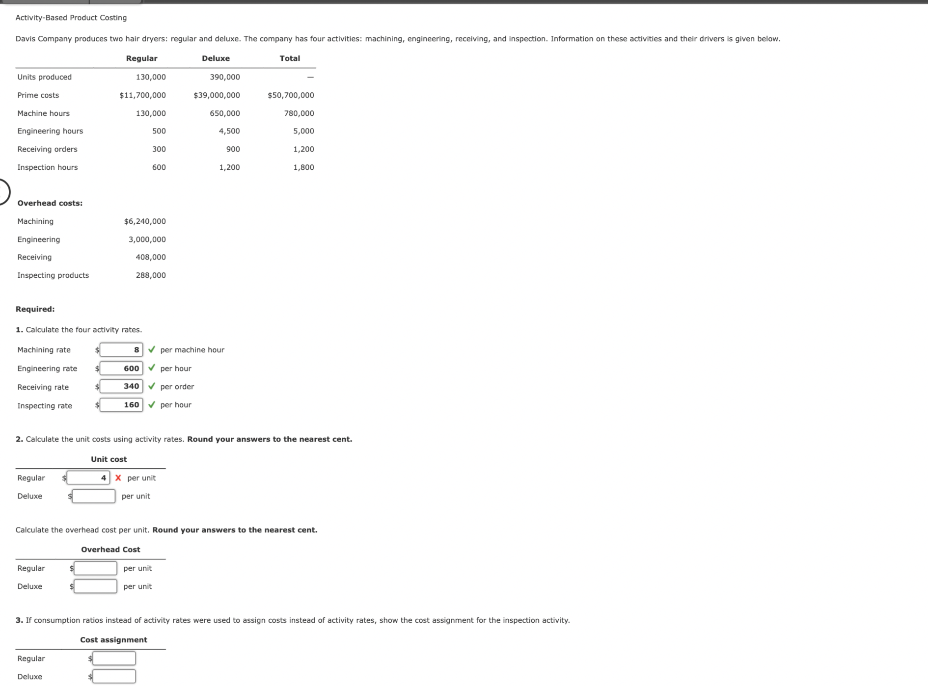  2. Calculate the unit costs using activity rates. Round your answers