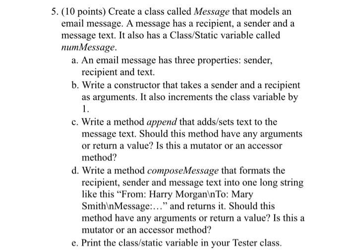  database management 2 5. (10 points) Create a class called Message