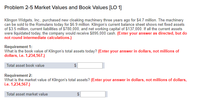  Problem 2-5 Market Values and Book Values [LO 1 Klingon Widgets,