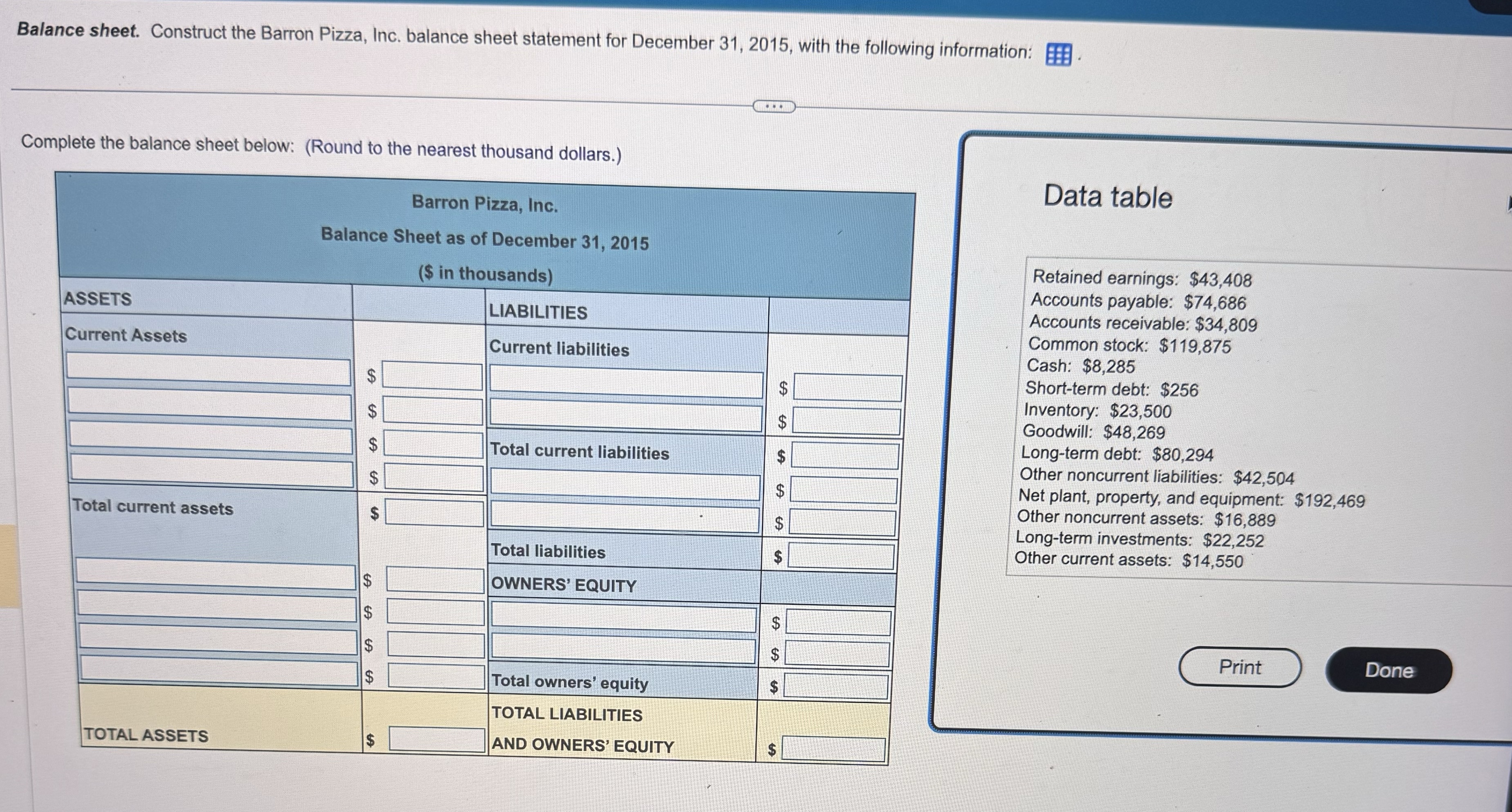  Balance sheet. Construct the Barron Pizza, Inc. balance sheet statement for