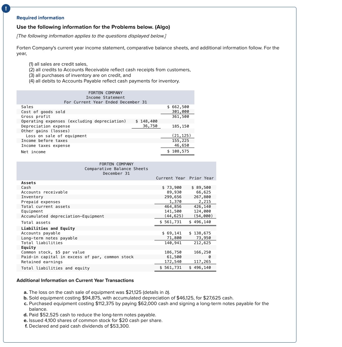  ! Required information Use the following information for the Problems below.