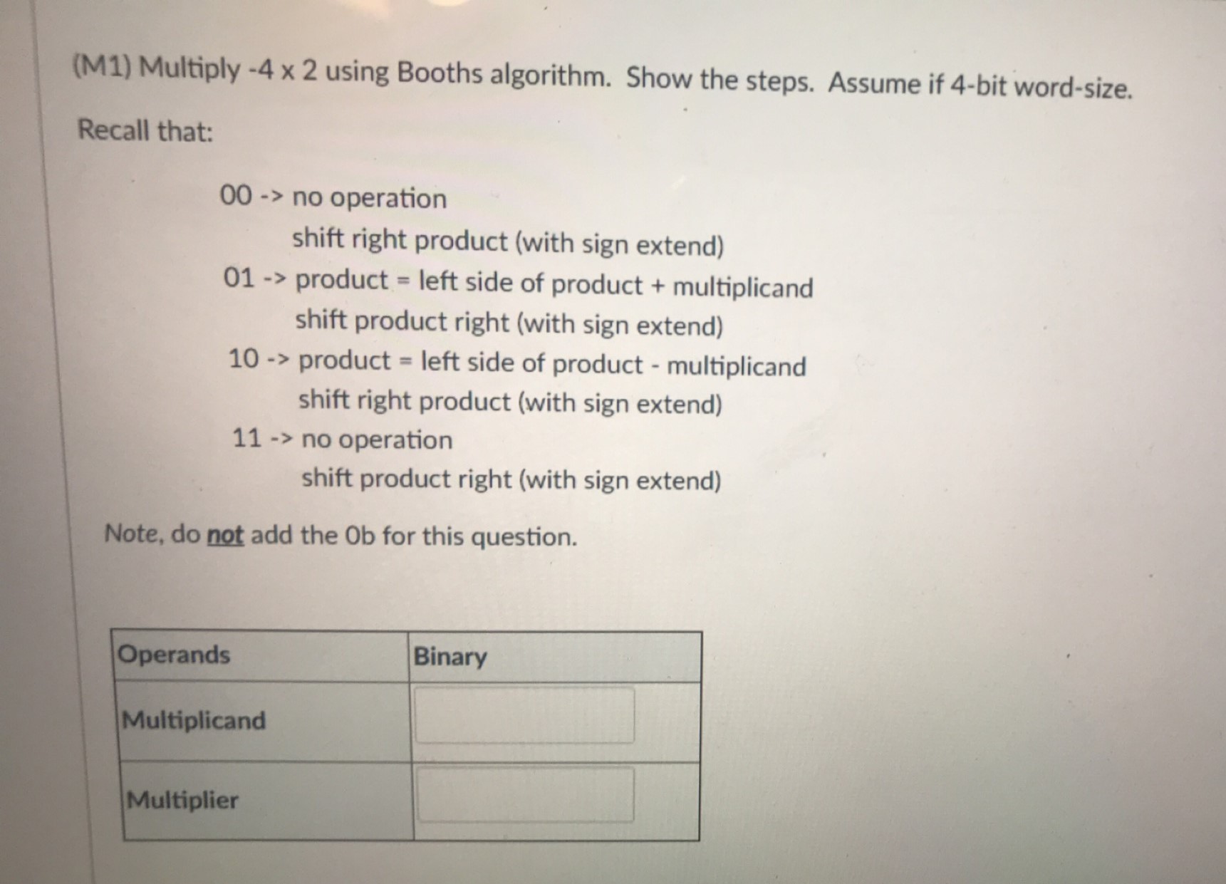  (M1) Multiply - 4 x 2 using Booths algorithm. Show the