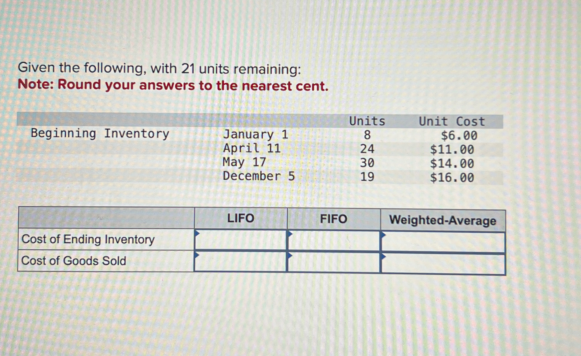  Given the following, with 21 units remaining: Note: Round your answers