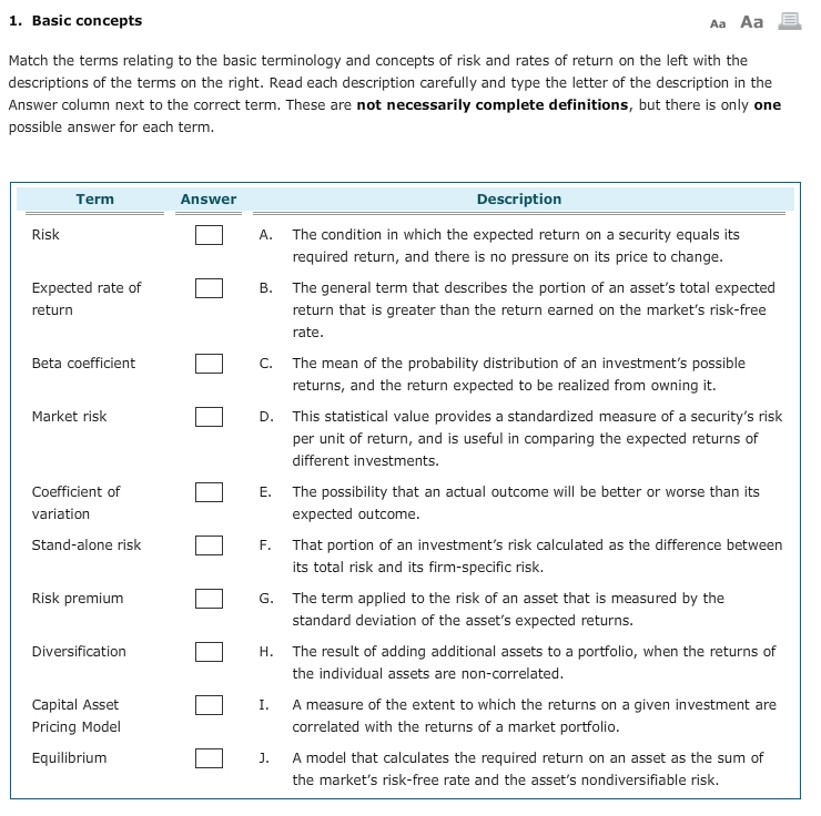 Q1 Match the terms relating to the basic terminology and concepts of