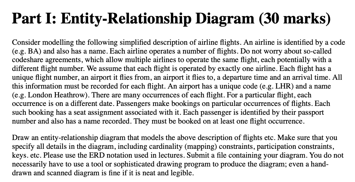 database management Part I: Entity-Relationship Diagram (30 marks) Consider modelling the following