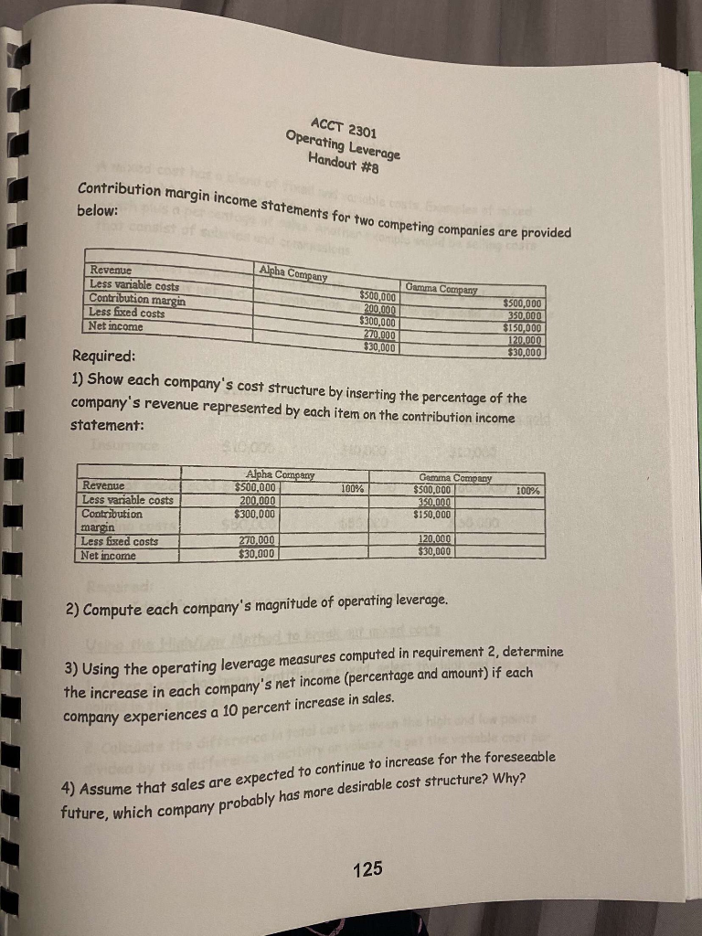  ACCT 2301 Operating Leverage Handout #8 d cot ha Contribution margin