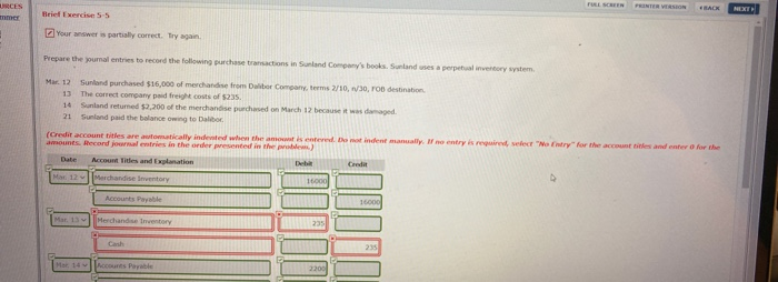  PRINT VERSION BACK URCES ME NEXT Brief Exercise 55 your answer