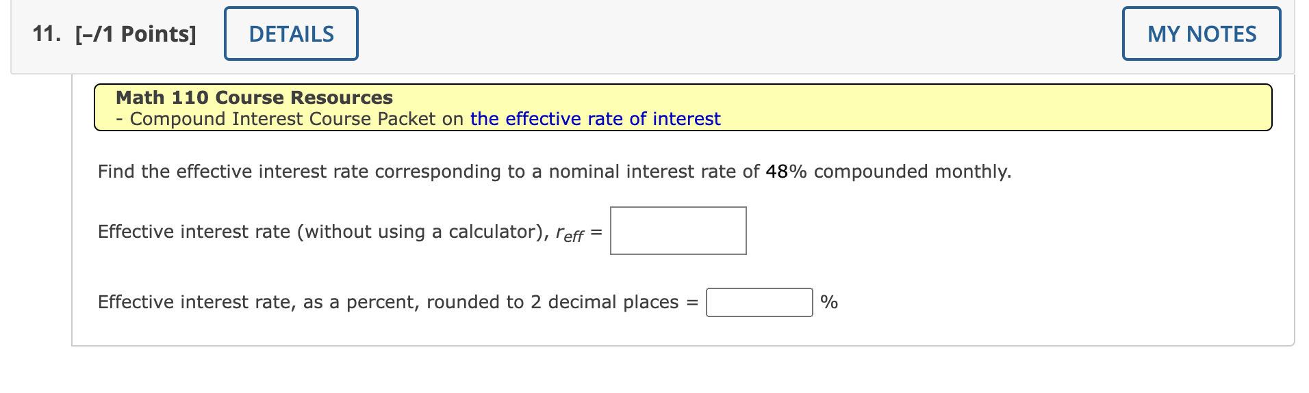  11. [-/1 Points] DETAILS MY NOTES Math 110 Course Resources Compound