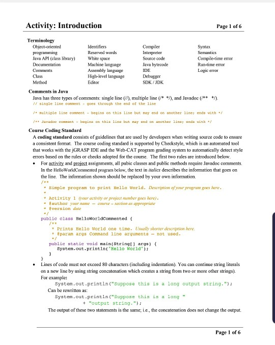  Activity: Introduction Page 1 of 6 Terminology Object-oriented programming Java API