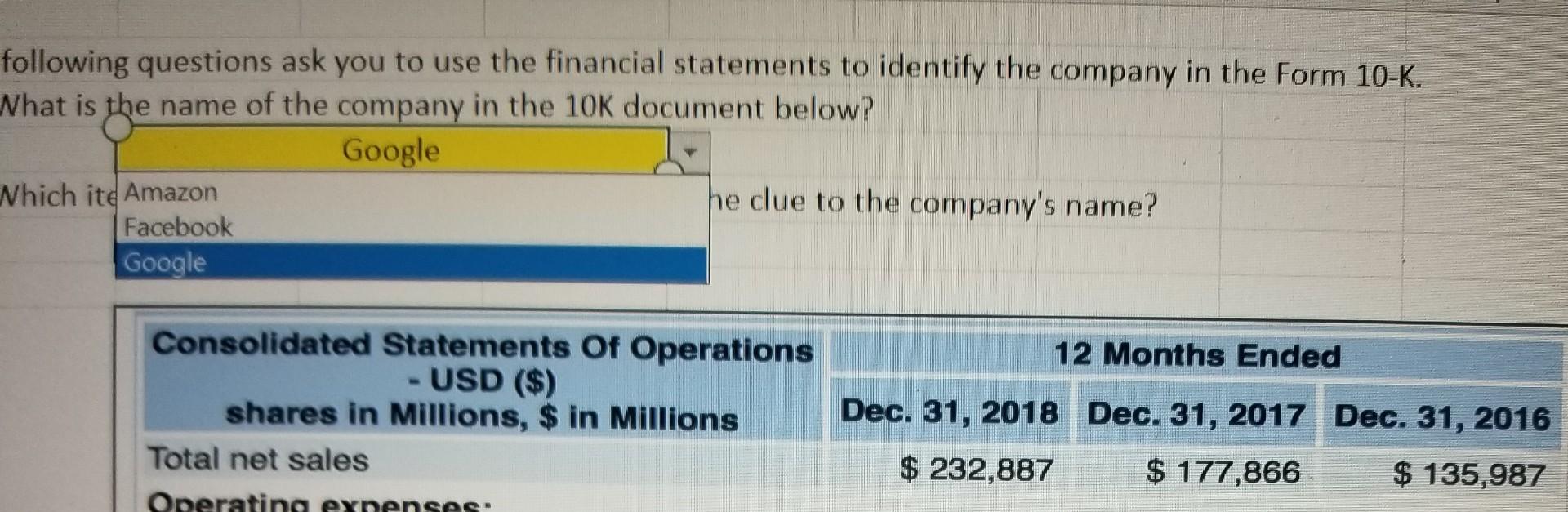 questions ask you to use the financial statements to identify the company