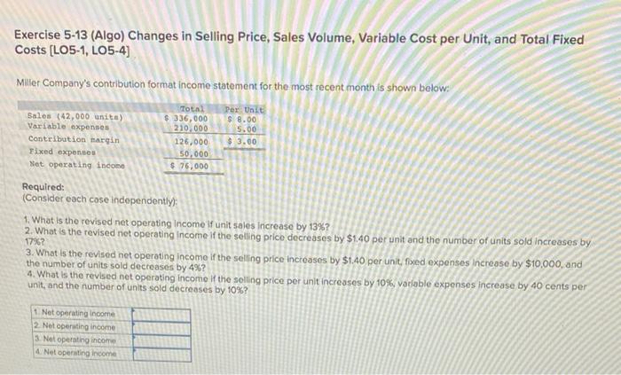  Exercise 5-13 (Algo) Changes in Selling Price, Sales Volume, Variable Cost