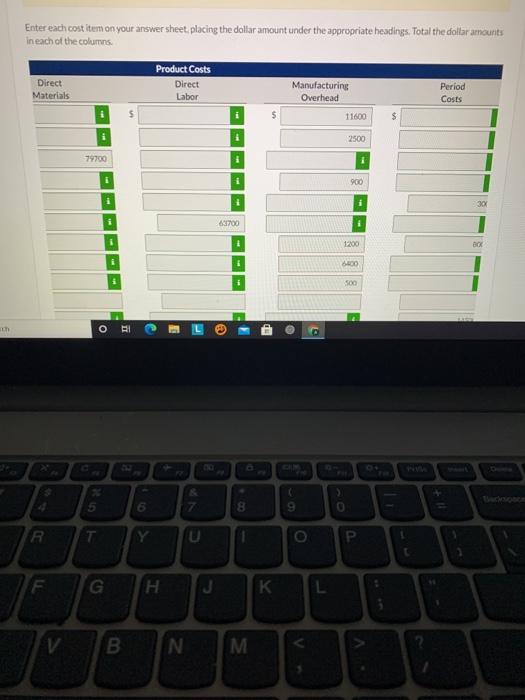  Enter each cost item on your answer sheet placing the dollar