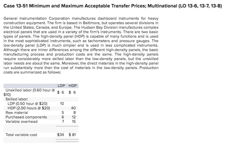 Case 13-51 Minimum and Maximum Acceptable Transfer Prices; Multinational (LO 13-6,13-7,