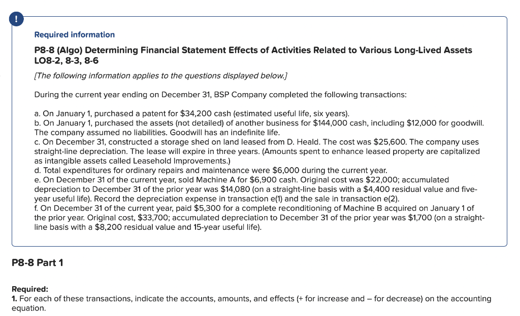  What is missing? Required information P8-8 (Algo) Determining Financial Statement Effects