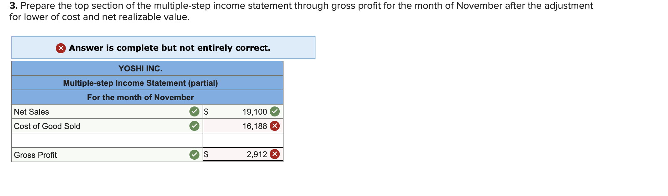 prepare a partial income statement, and adjust for the lower of cost