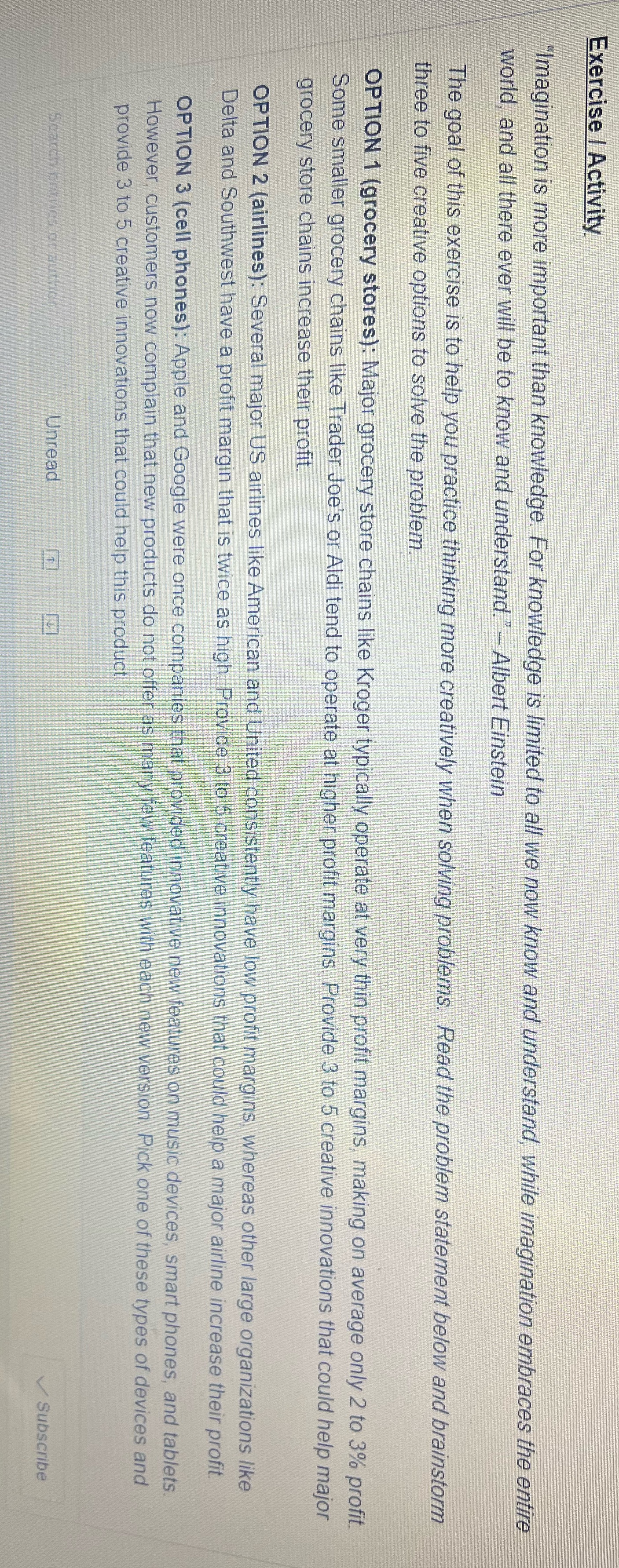 Could you help me brainstorm option 2 please Exercise / Activity "Imagination